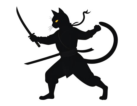 A black silhouette of a feline warrior with yellow eyes wielding a sword