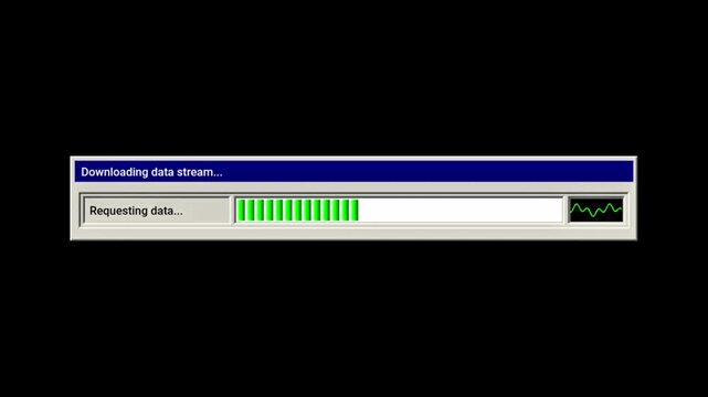 Retro Computer Downloading Data Stream Progress Bar with Live Network Graph