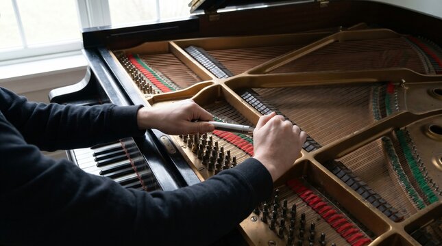 Hands of Piano Tuner Working Inside Open Grand Piano With Tuning Hammer Adjusting Strings, Craft Closeup