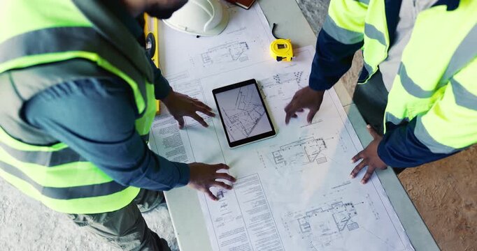 Architect, hands and team at tablet screen with blueprint, design update or app for property development. Above, people and tech with floor plan for engineering, project discussion and collaboration