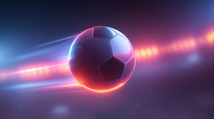 Naklejka premium High detail soccer ball floating in dynamic motion with neon light trail and dramatic glow in dark abstract background