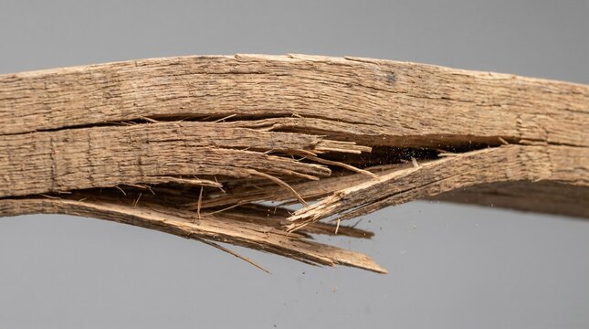 Splintered Wooden Plank Broken Cleanly in Half With Sharp Fibers Exposed on Grey Studio Background