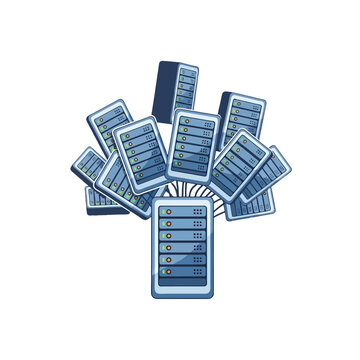 A digital illustration of many interconnected server racks in a cluster