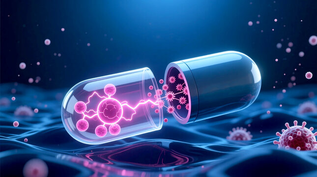Dynamic illustration of smart drug capsule releasing targeted agents to combat microscopic threats, embodying revolutionary precision medicine future