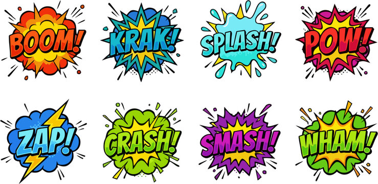 Set of Comic Book Sticker Explosion Effects - Boom, Krak, Splash, Pow, Zap, Crash, Smash, Wham Pop Art Vector