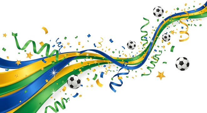 Brazilian football celebration design with confetti and ribbons vibrant colors sporting event graphics