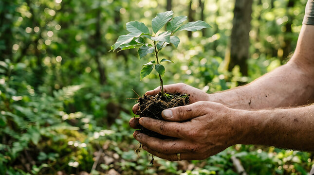 Close Up of Human Hands Holding a Young Tree Sapling with Soil for Reforestation and Ecology Concept
