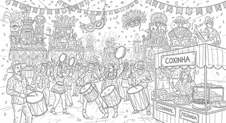 Obraz premium Lively Brazilian Carnival street parade with drummers line art.