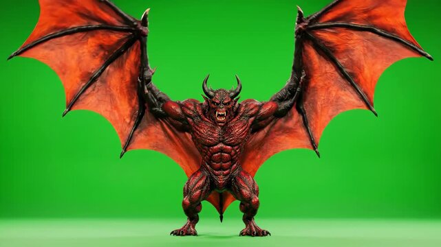 Green Screen Muscular Red Horned Demon Flapping Large Leathery Bat Wings