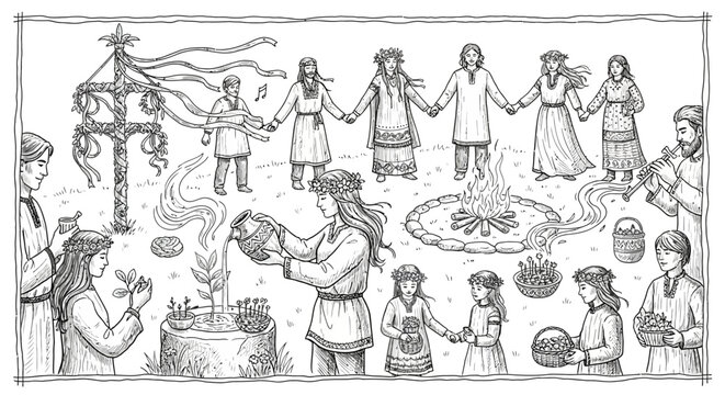 Folk spring ritual with maypole dance and festive bonfire.