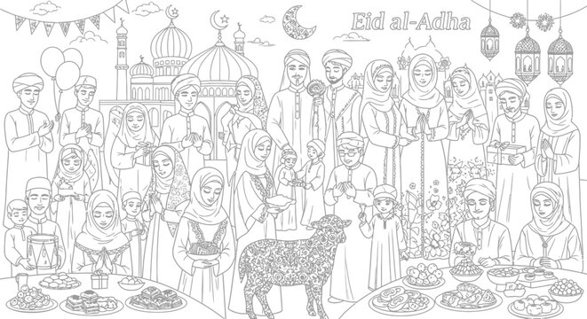 Eid al-Adha coloring page with sheep and diverse crowd.