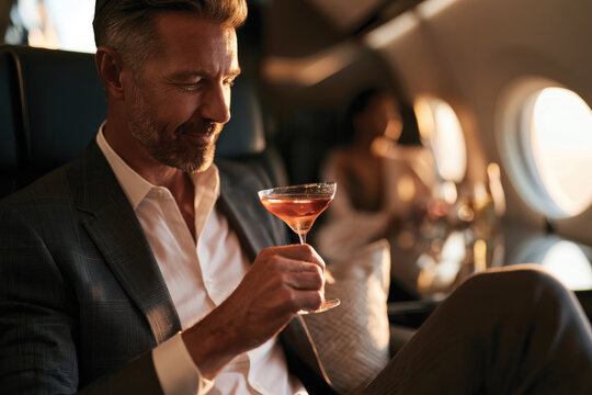 A sophisticated man savors a cocktail in an upscale private jet cabin, capturing the essence of luxury travel and indulgence in an exclusive jet-setting experience.