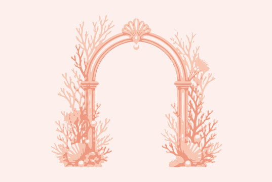 Ornate rose gold coral and seashell arch frame.