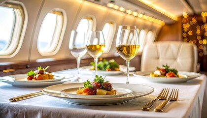Fototapeta premium Luxury Gourmet Dining Experience with White Wine Aboard a Private Jet Flight