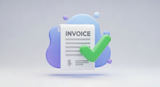 Invoice document with green check mark for successful payment confirmation on abstract background.