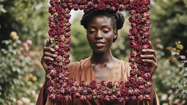 Beautiful Black Woman in Copper Dress Framing Face with Dried Red Roses in Blurred Garden Setting