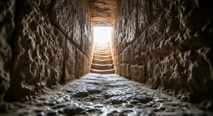 Fototapeta premium Stone stairs leading to a bright light in a dark underground tunnel passage