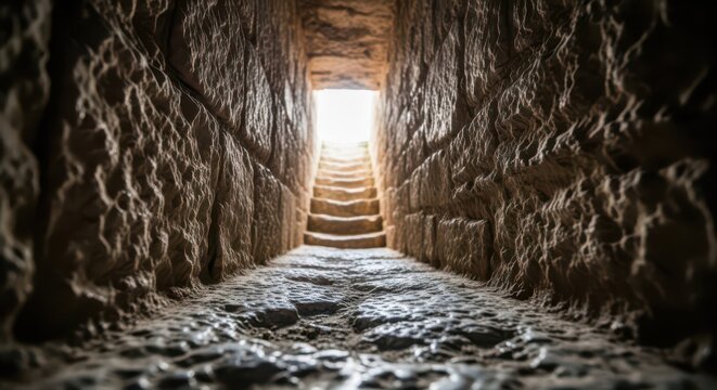 Stone stairs leading to a bright light in a dark underground tunnel passage
