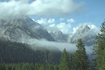 Fototapeta premium Majestätische alpina Berglandschaft mit dichtem Nadelwald und mystischem Nebel bei bewölktem Himmel