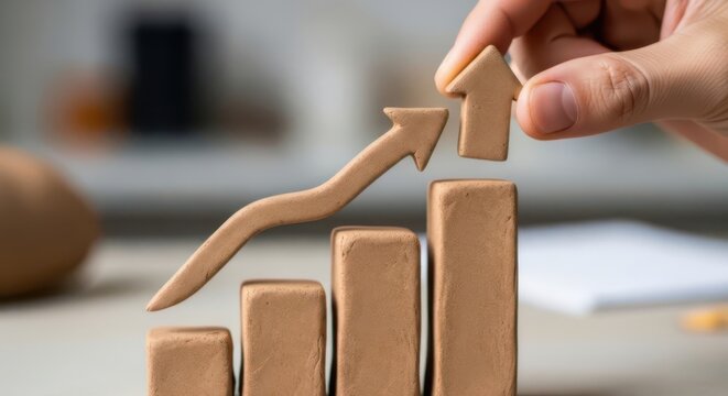 Hand placing a wooden block on a growing business chart for financial success