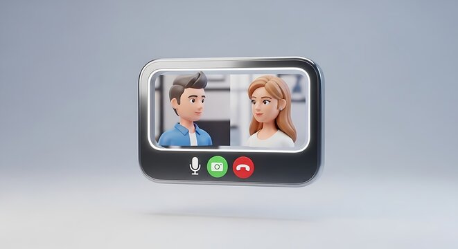 Modern mobile video call interface with two cartoon avatars and control buttons in 3d style.