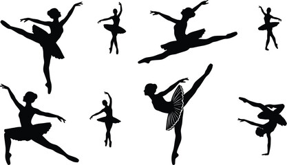 Elegant ballet dancer silhouettes in tutus performing arabesque, pirouette, and grand jeté poses with graceful movement © MdRobiul
