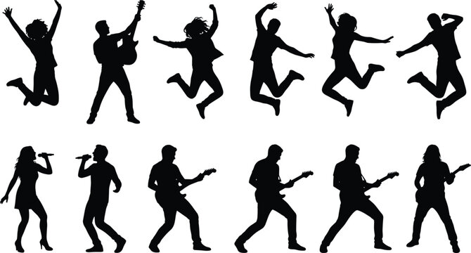 Dynamic silhouettes of dancers and musicians performing energetic jumps, singing, and playing instruments in expressive black design