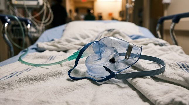 Medical oxygen mask on hospital bed, healthcare, treatment, equipment.