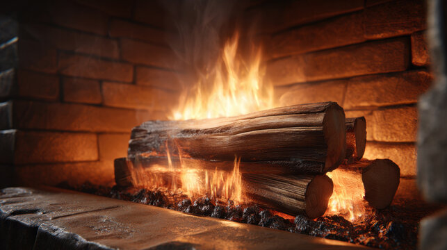 Cozy fire burning in brick fireplace stacked log warm glow indoor heat flame ember wood hearth rustic home comfort