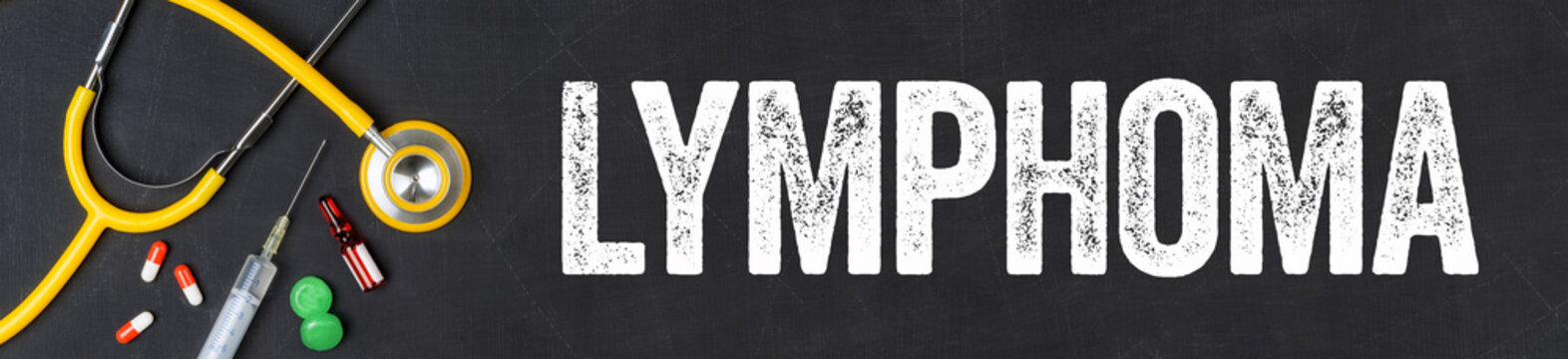 Stethoscope and pharmaceuticals on a blackboard - Lymphoma