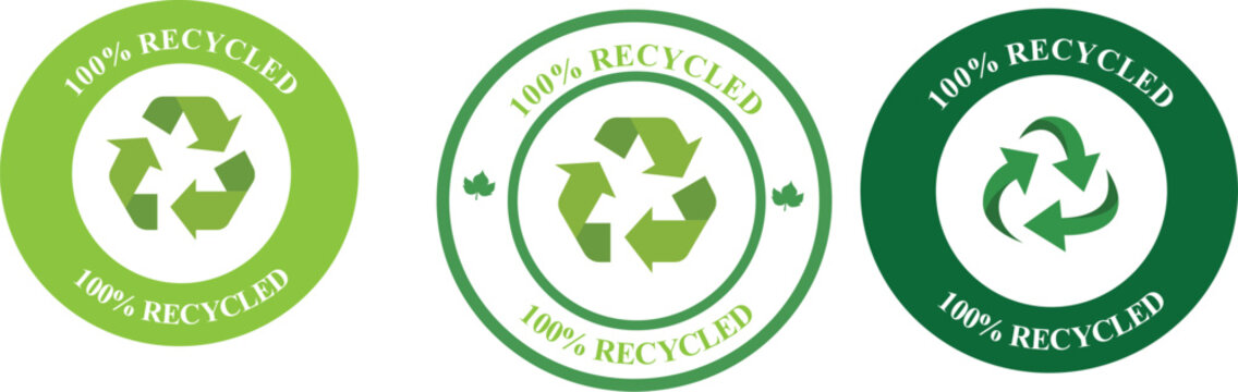 100 percent recyclable badge icon set in green shades for eco friendly packaging