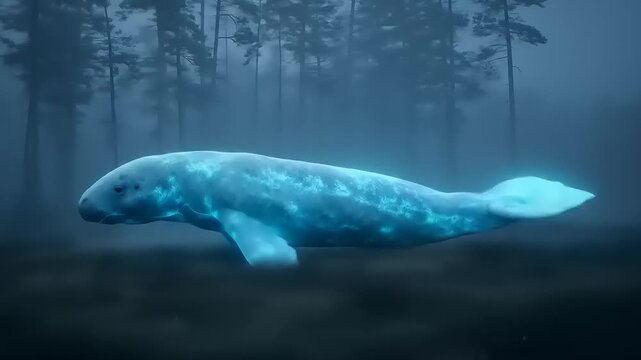 Fantastical luminescent sea creature in a misty forest, surreal nature scene, ethereal atmosphere, dreamy encounter with a mythical beast