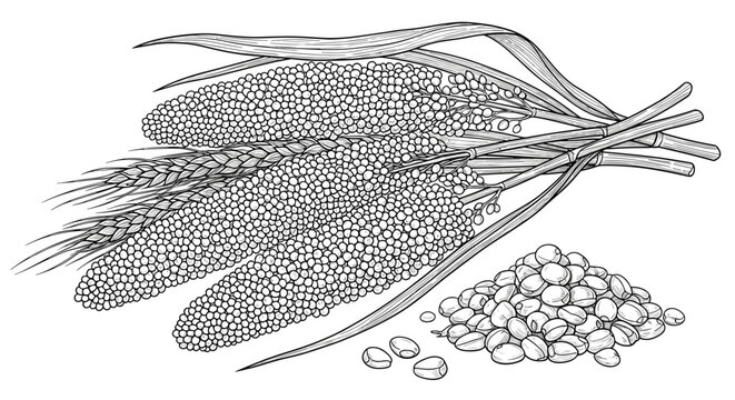 Detailed black and white line art illustration of various agricultural grains like wheat and sorghum with a pile of seeds.