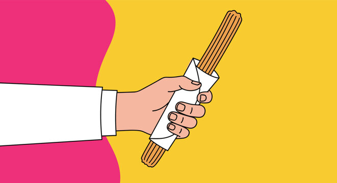 Hand holding a delicious traditional fried churro wrapped in white paper against a bright pink and yellow abstract background.