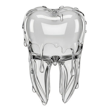 A close-up view of a single tooth with a silver crown and red gemstones embedded in the roots isolated on transparent background
