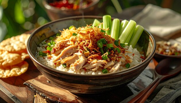 Traditional Indonesian Chicken Porridge with Crispy Fried Shallots