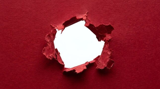 Closeup view of a torn red paper with a jagged hole revealing bright light behind it