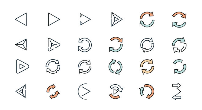 Vector collection of media player buttons, refresh arrows, and rotation indicators in modern clean outline style.