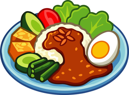 Cute Kawaii Indonesian Gado Gado Salad Character with Peanut Dressing Illustration
