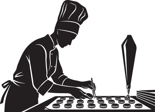 Silhouette Chef decorating macarons on a baking sheet kitchen