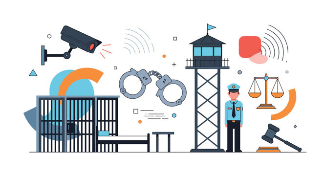 Diverse law and justice icons including a dark prison cell, security camera, metallic handcuffs, wooden scales, and police officer.