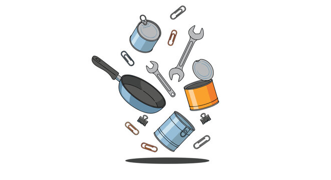 Falling scrap metal items including frying pan, tin cans, paper clips, and wrenches are illustrated on white background.