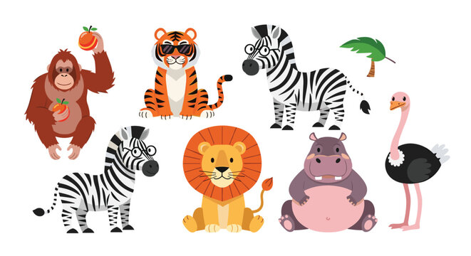 Group of cute cartoon safari animals including lion, tiger, zebra, hippo, ostrich, and monkey shown on white background.