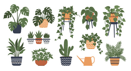 Fototapeta premium Collection of various green potted houseplants, cacti, monstera, and watering can isolated on white background.