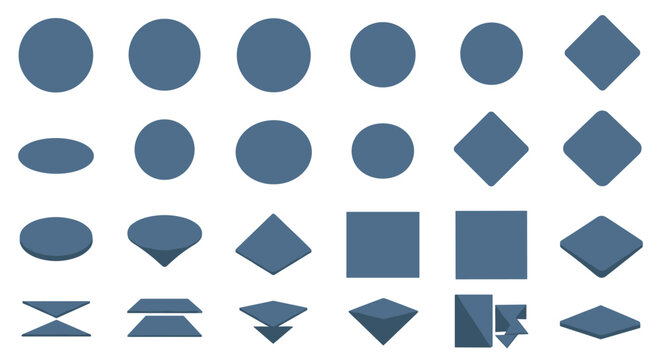 Comprehensive professional collection of abstract blue 2D and 3D geometric shapes isolated on white background vector.
