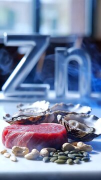 Raw tuna steak with seeds and nuts on a plate indoors closeup