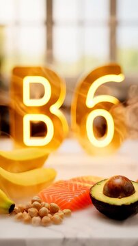 Fresh fruits and nuts display B6 vitamins on kitchen countertop.