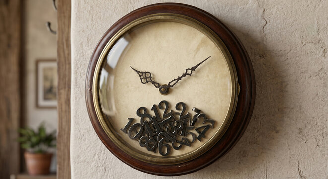 3D illustration of a classic wall clock with fallen numbers piled at the bottom