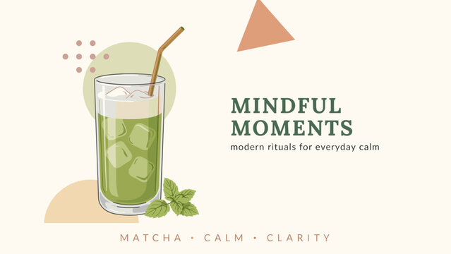 Iced matcha latte vector surrounded by geometric shapes &ndash; Perfect for modern wellness branding, trendy cafe marketing, or healthy living blogs.