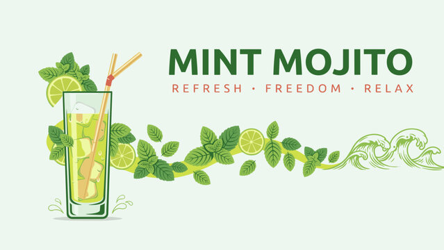Flat vector design of refreshing mint mojito glass &ndash; Ideal for hospitality marketing, relaxation themes, or travel agency promotions.